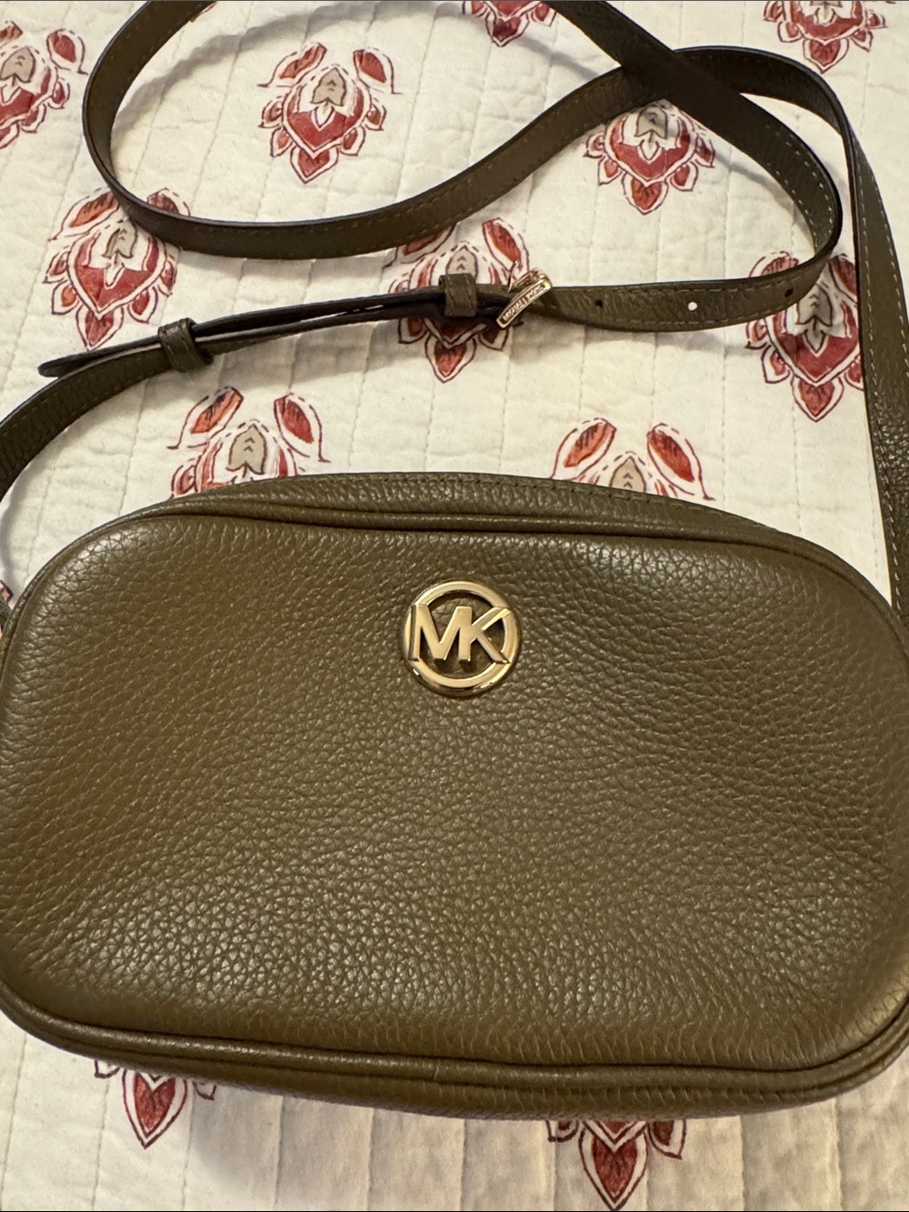 Michael Kors Olive Green Pebbled Leather Crossbody with Gold MK Emblem